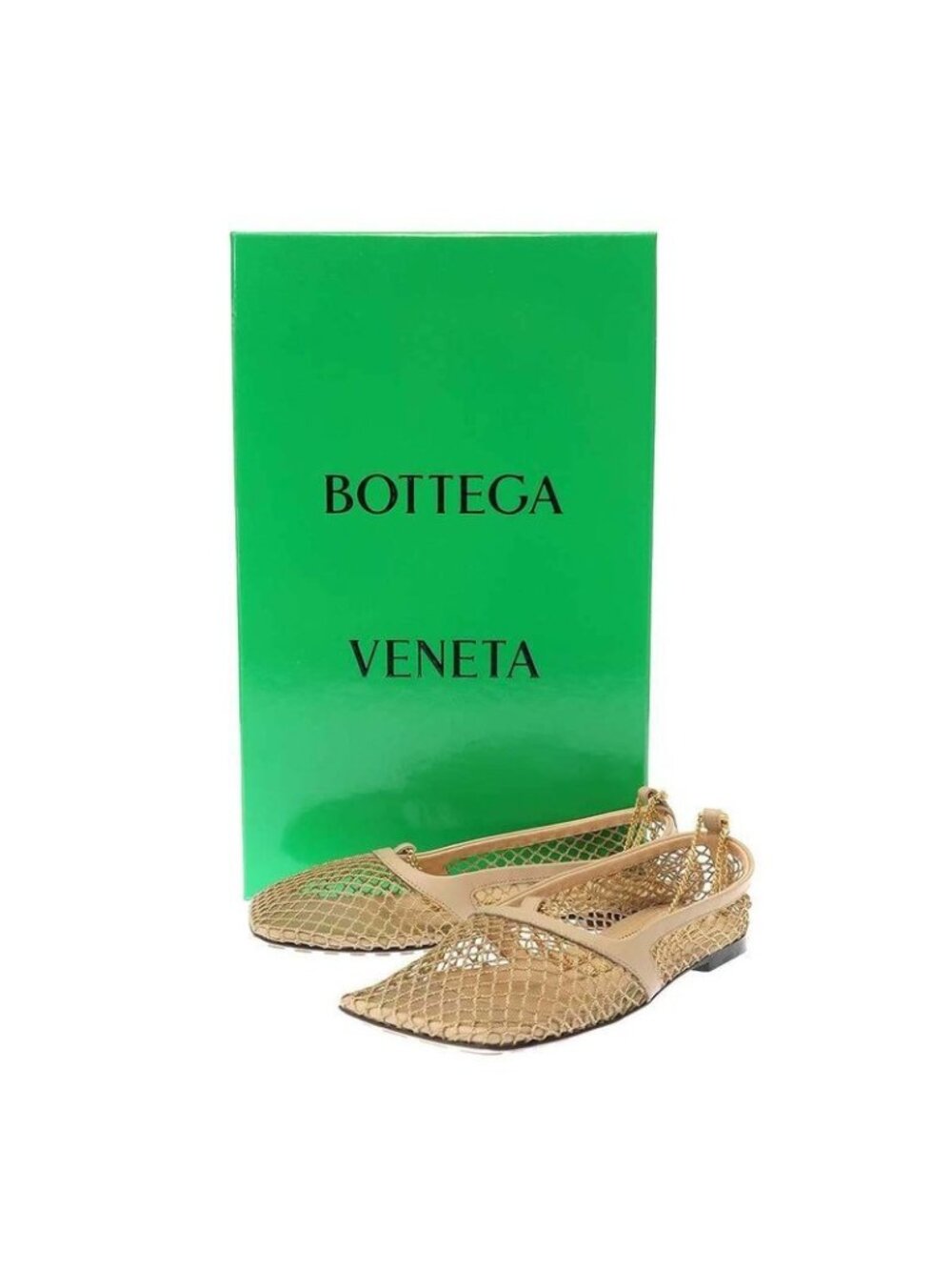 Bottega Veneta Stretch Ballerina Square Toe Mesh Chain Flat Shoes Beige 34 1 2